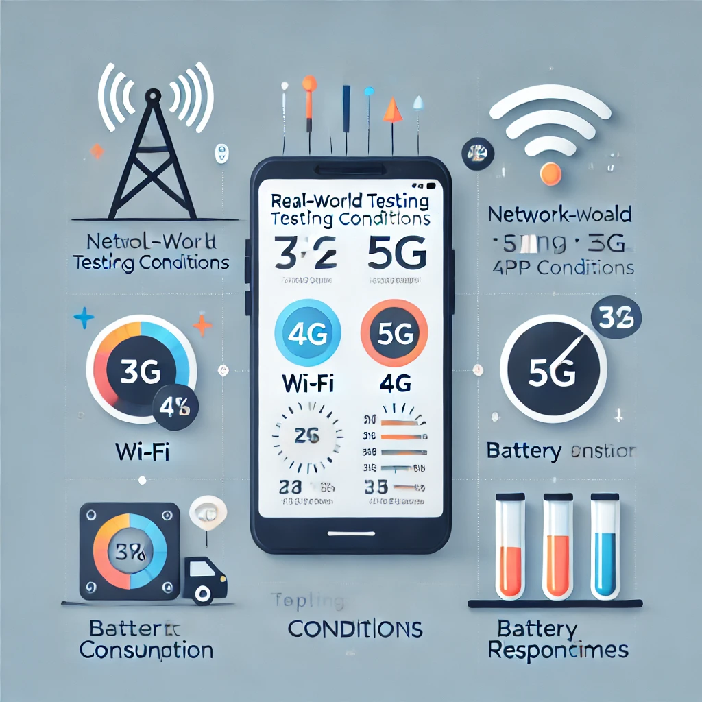 Infographie montrant l’impact des conditions réelles sur la performance des applications mobiles en fonction du réseau et de la batterie.